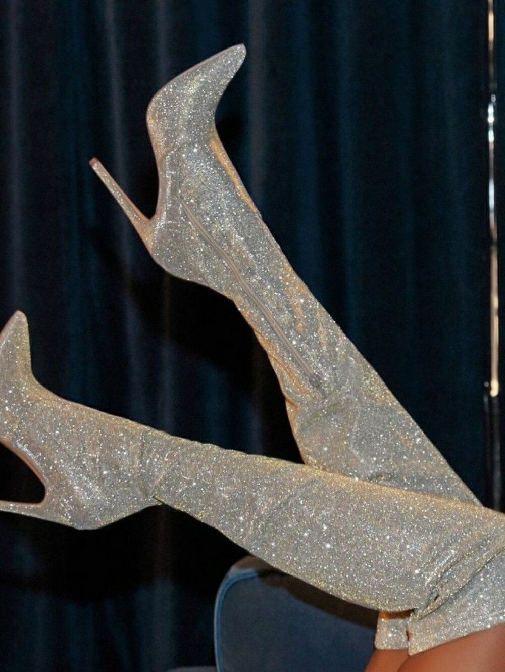 Shoe Dazzle Silver Glitter Over-the-Knee Stiletto Boots